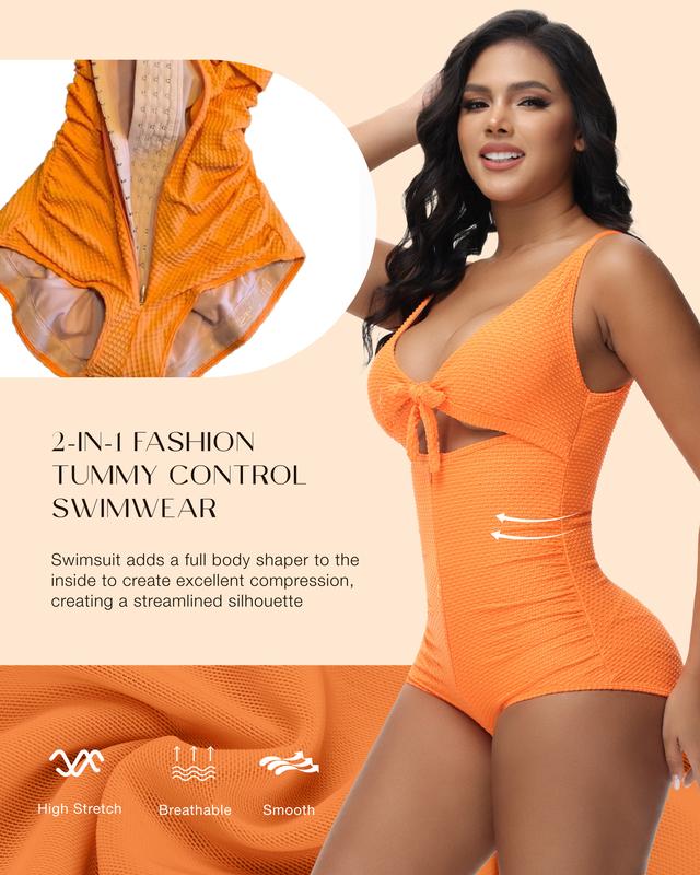 Women's Tummy Control Swimsuit Cut-Out Knot Front Push Up Built-in Shapewear Swimsuit