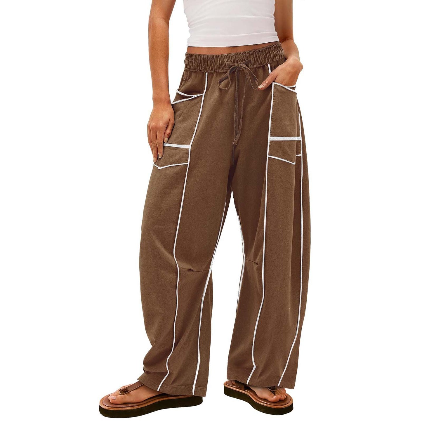 Womens Baggy Barrel Pants Wide Leg Lounge Drawstring Sweatpants with Pockets