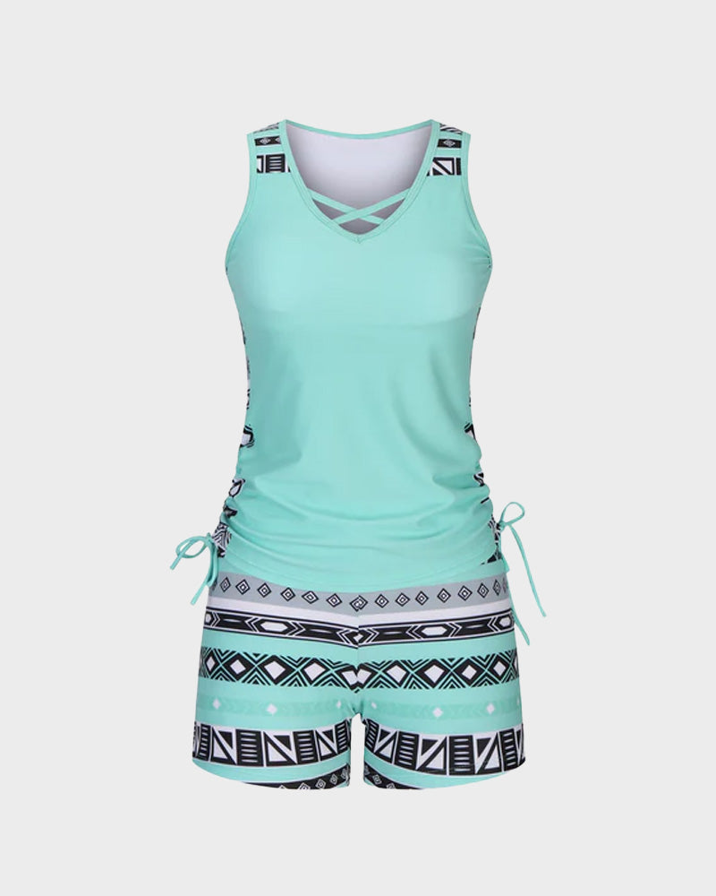 Boho Tummy Control Tankini with Built-In Bra & Swim Shorts
