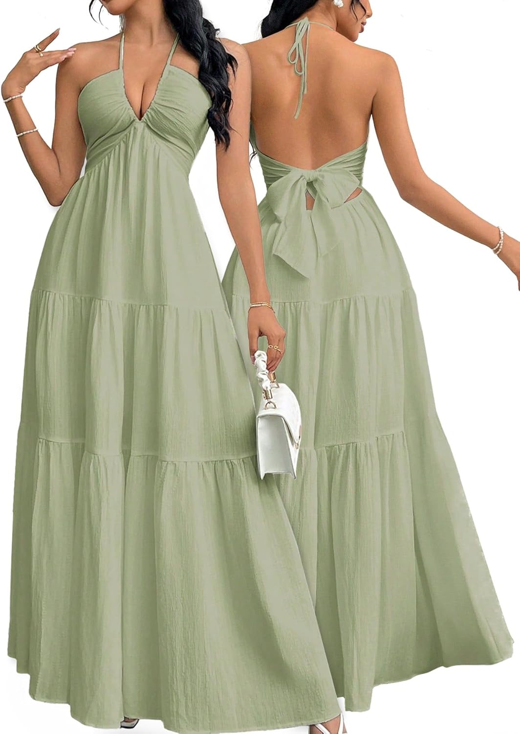 Narecte Women's Maxi Summer Dresses Halter V Neck Beach Dresses for Women A-Line Casual Dress for Vacation