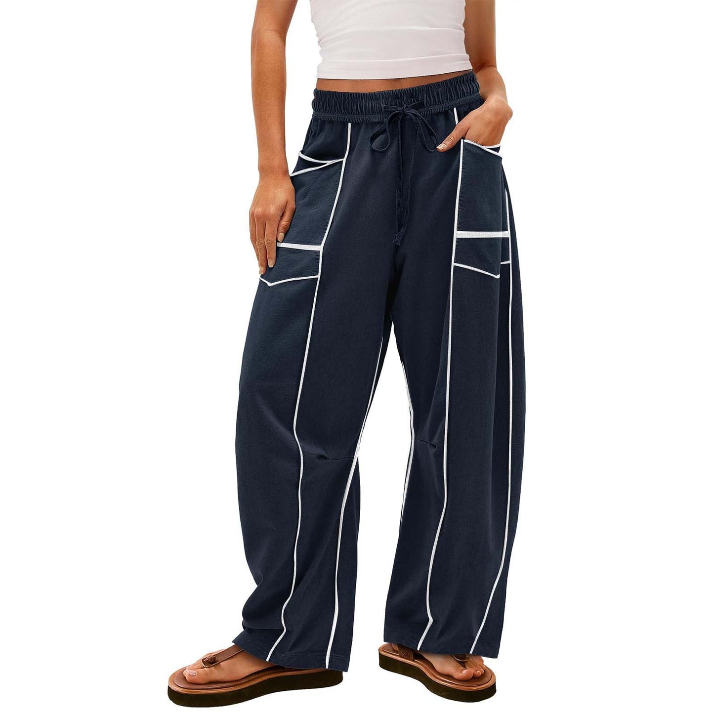 Womens Baggy Barrel Pants Wide Leg Lounge Drawstring Sweatpants with Pockets