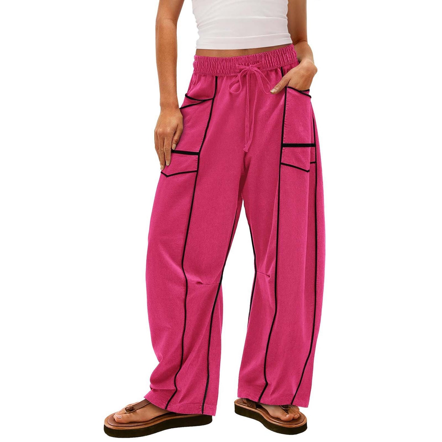 Womens Baggy Barrel Pants Wide Leg Lounge Drawstring Sweatpants with Pockets