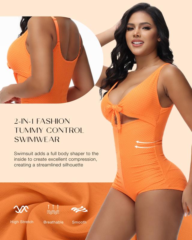 Women's Tummy Control Swimsuit Cut-Out Knot Front Push Up Built-in Shapewear Swimsuit