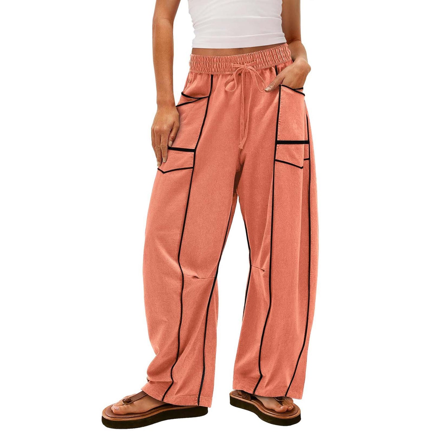 Womens Baggy Barrel Pants Wide Leg Lounge Drawstring Sweatpants with Pockets