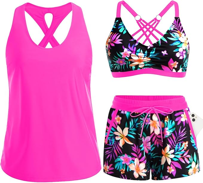 Women's 3-Piece Tankini Swimsuit Set with Shorts