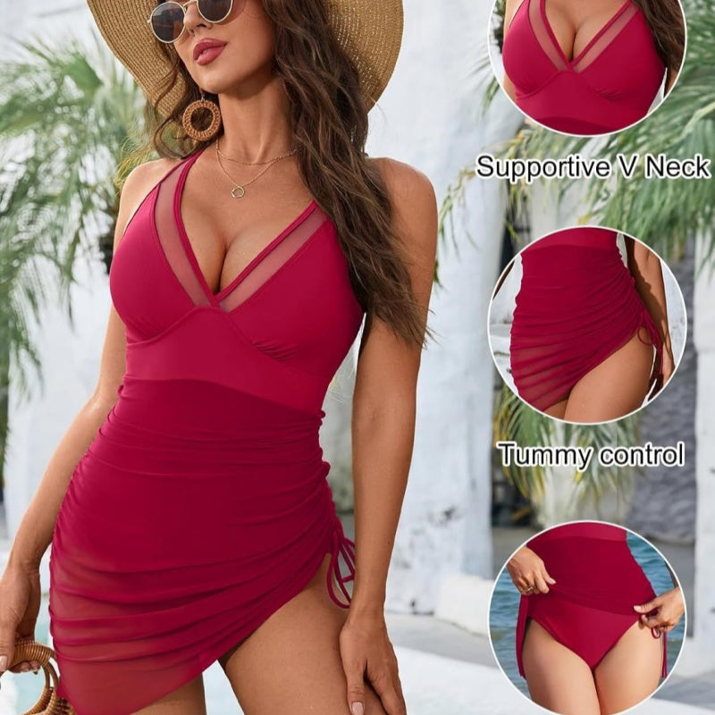 Slimming Mesh Sheer Sarong Wraps Swimsuit