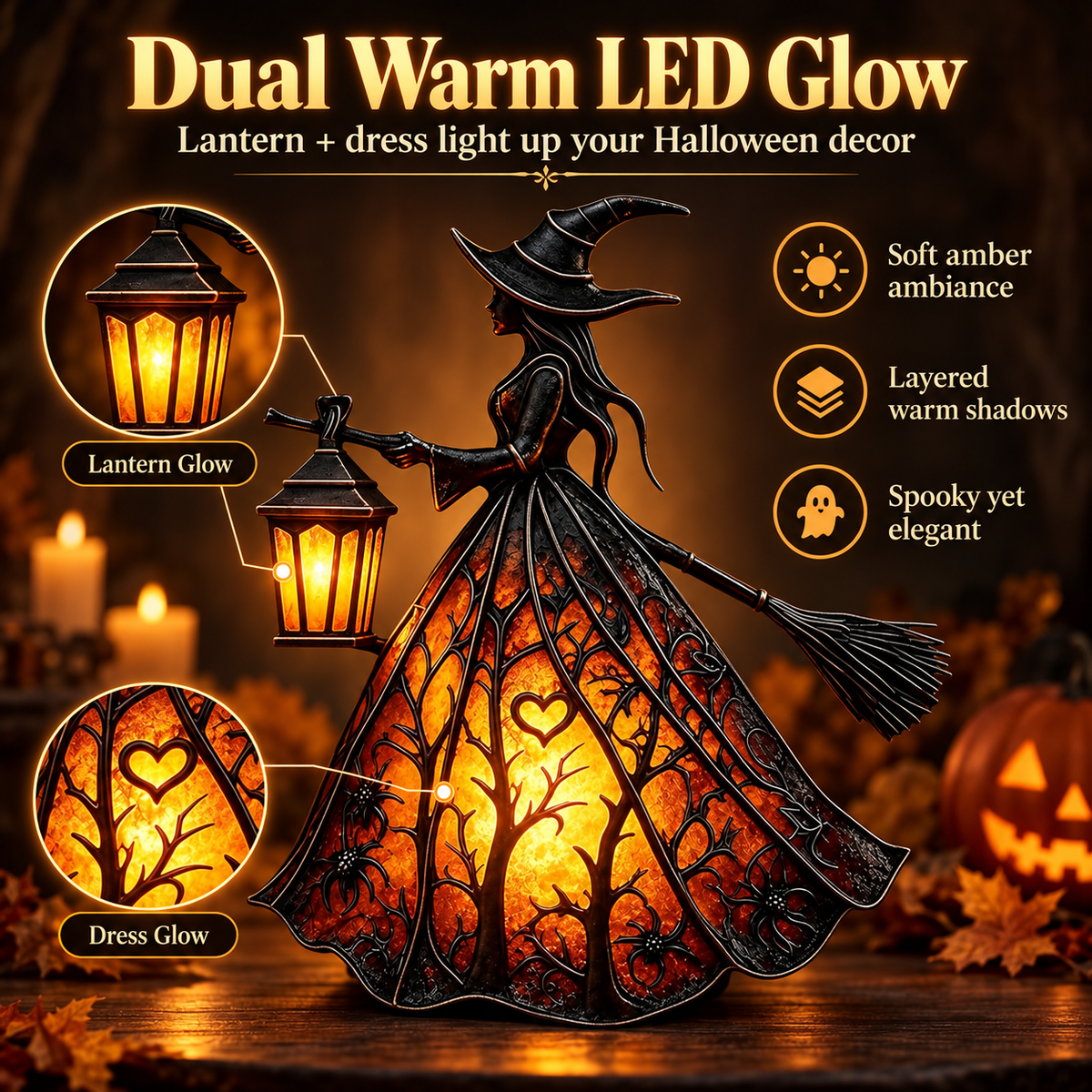 🧙‍♀️ Lighted Gothic Witch Lantern, Warm LED Halloween Table Decor Figurine