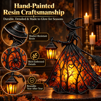 🧙‍♀️ Lighted Gothic Witch Lantern, Warm LED Halloween Table Decor Figurine