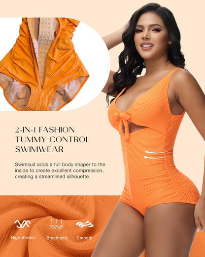 Women's Tummy Control Swimsuit Cut-Out Knot Front Push Up Built-in Shapewear Swimsuit