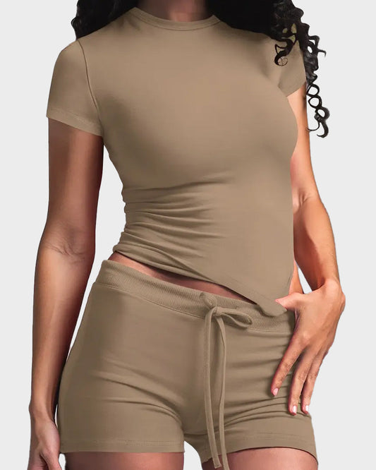 Solid Color Round Neck Casual Two-Piece Set