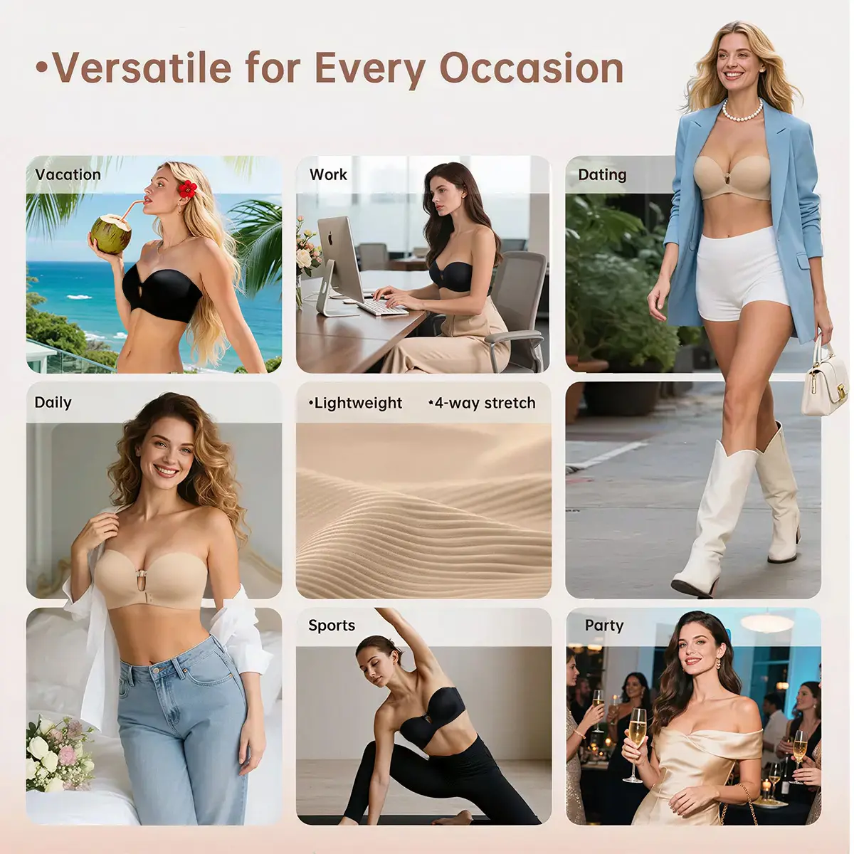 Strapless Front Closure Wireless Padded Non Slip Jelly Tube Bra