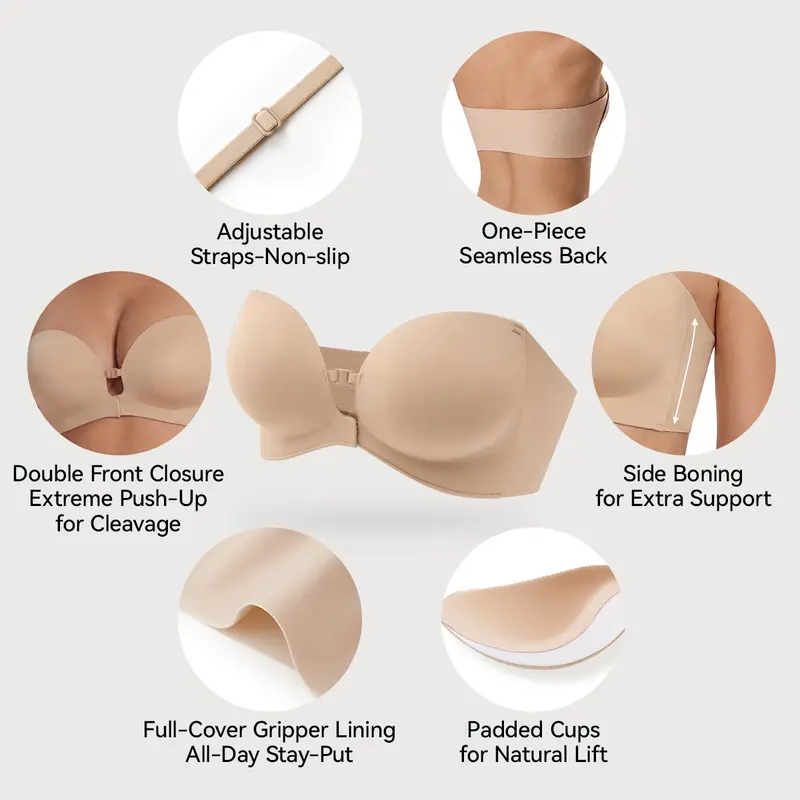 Strapless Front Closure Wireless Padded Non Slip Jelly Tube Bra