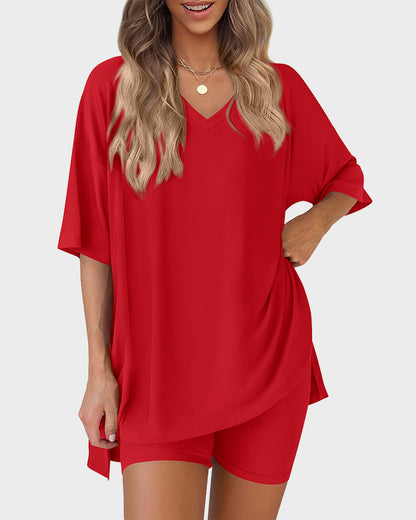 Summer Casual V-Neck Split-Hem Lounge Set with Pockets