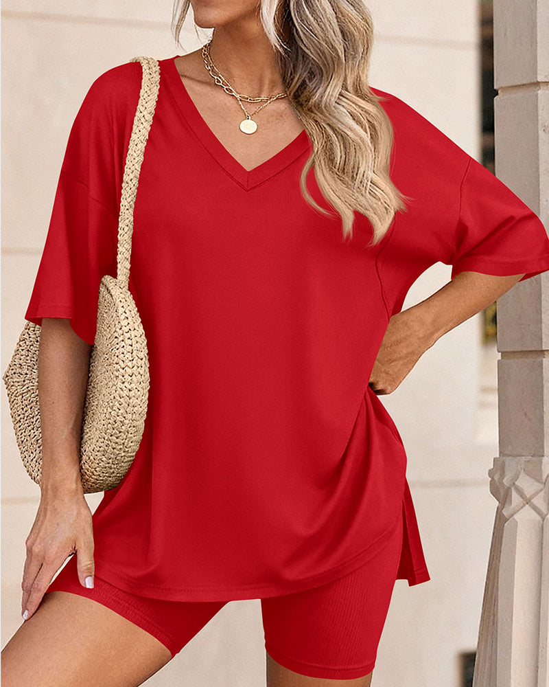 Summer Casual V-Neck Split-Hem Lounge Set with Pockets