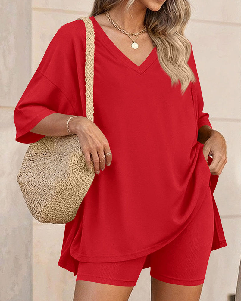 Summer Casual V-Neck Split-Hem Lounge Set with Pockets