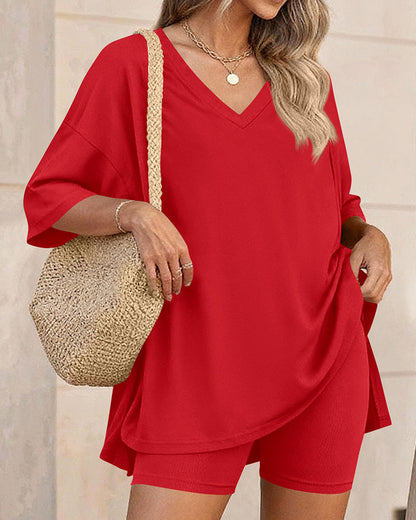 Summer Casual V-Neck Split-Hem Lounge Set with Pockets