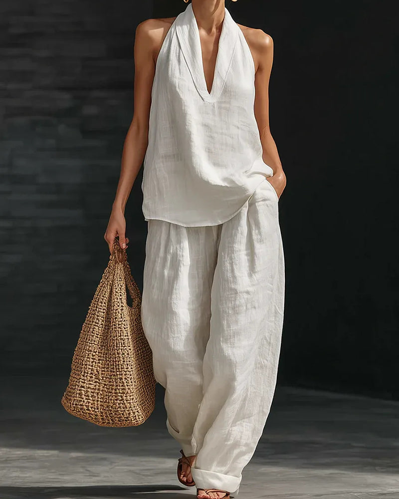 Boho Linen Two-Piece Set with Halter Top & Wide-Leg Pants