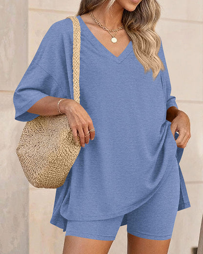 Summer Casual V-Neck Split-Hem Lounge Set with Pockets