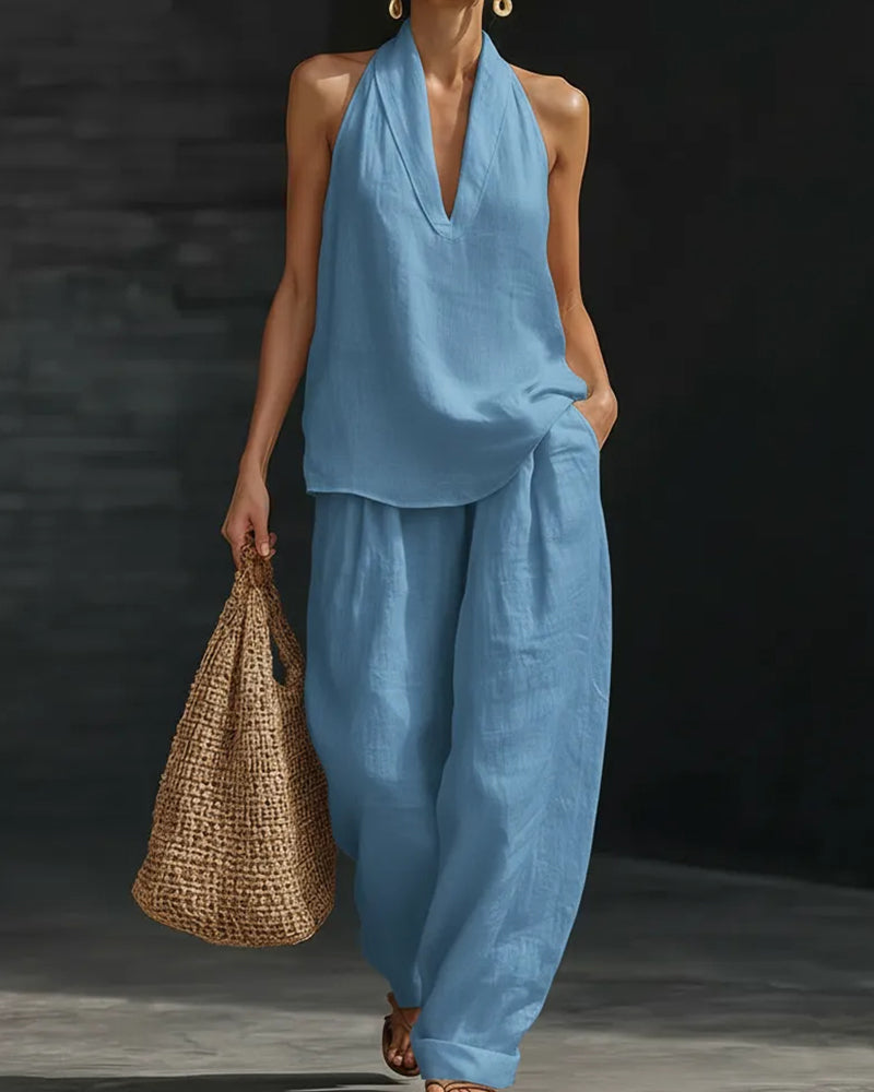 Boho Linen Two-Piece Set with Halter Top & Wide-Leg Pants