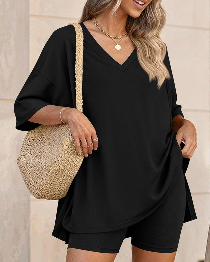 Summer Casual V-Neck Split-Hem Lounge Set with Pockets