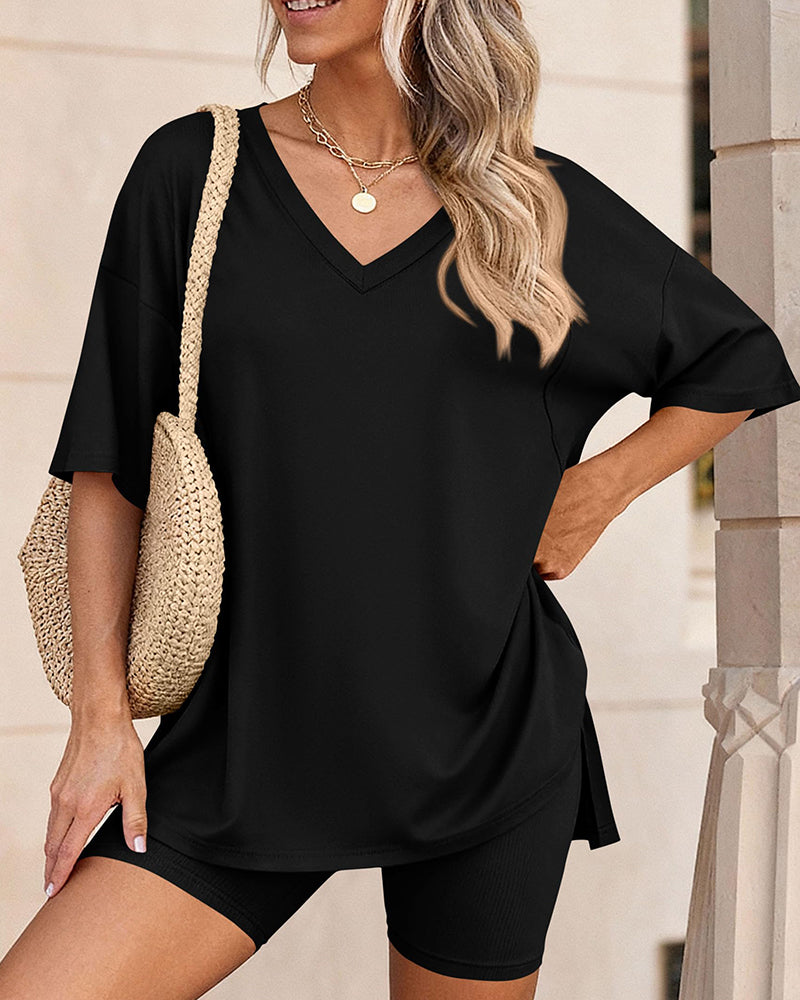 Summer Casual V-Neck Split-Hem Lounge Set with Pockets