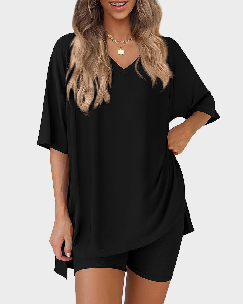 Summer Casual V-Neck Split-Hem Lounge Set with Pockets
