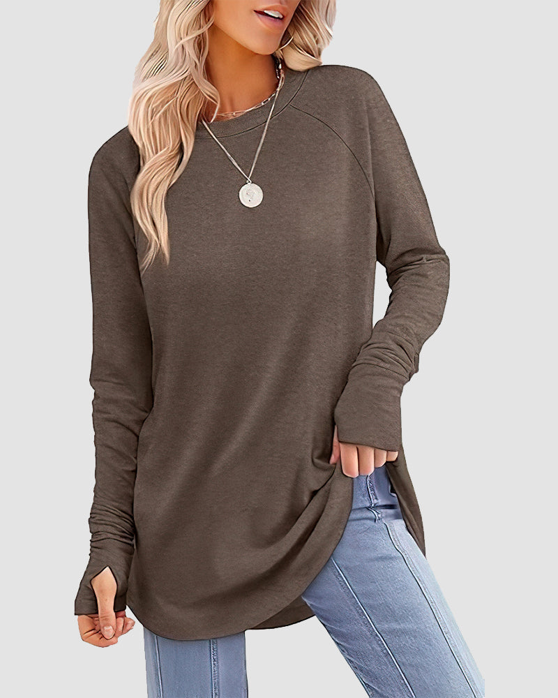 Casual Long Sleeve Tunic – Round Neck & Loose Fit