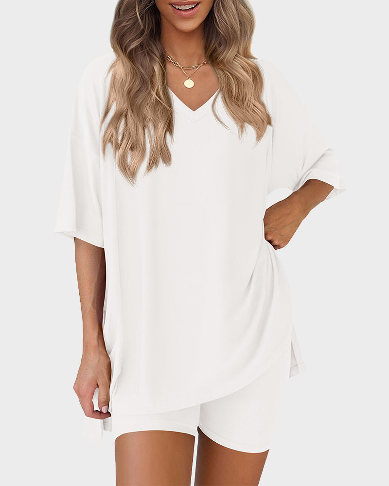 Summer Casual V-Neck Split-Hem Lounge Set with Pockets