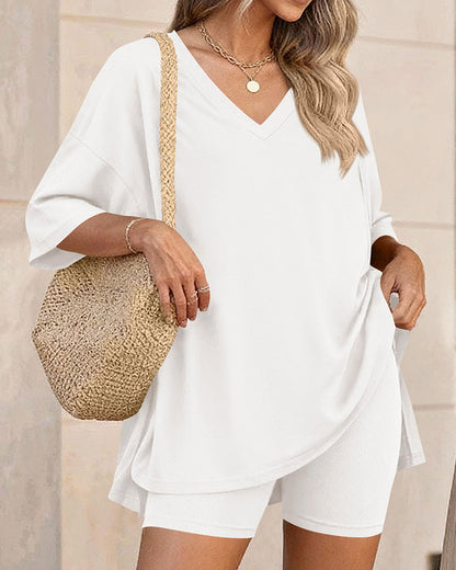 Summer Casual V-Neck Split-Hem Lounge Set with Pockets