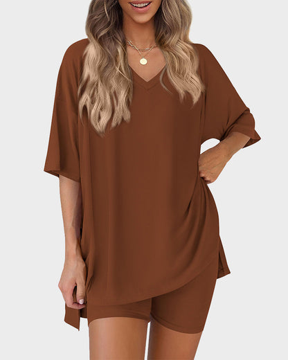 Summer Casual V-Neck Split-Hem Lounge Set with Pockets