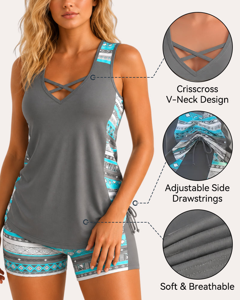 Boho Tummy Control Tankini with Built-In Bra & Swim Shorts