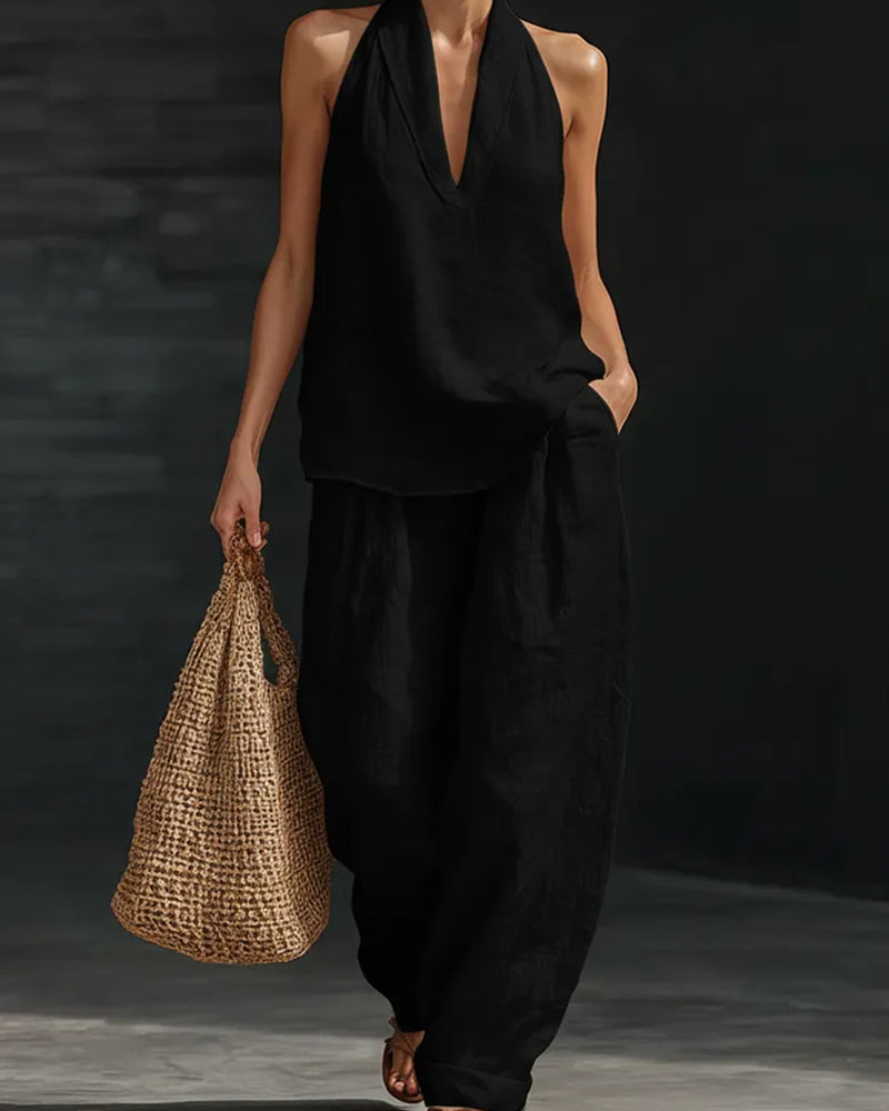 Boho Linen Two-Piece Set with Halter Top & Wide-Leg Pants
