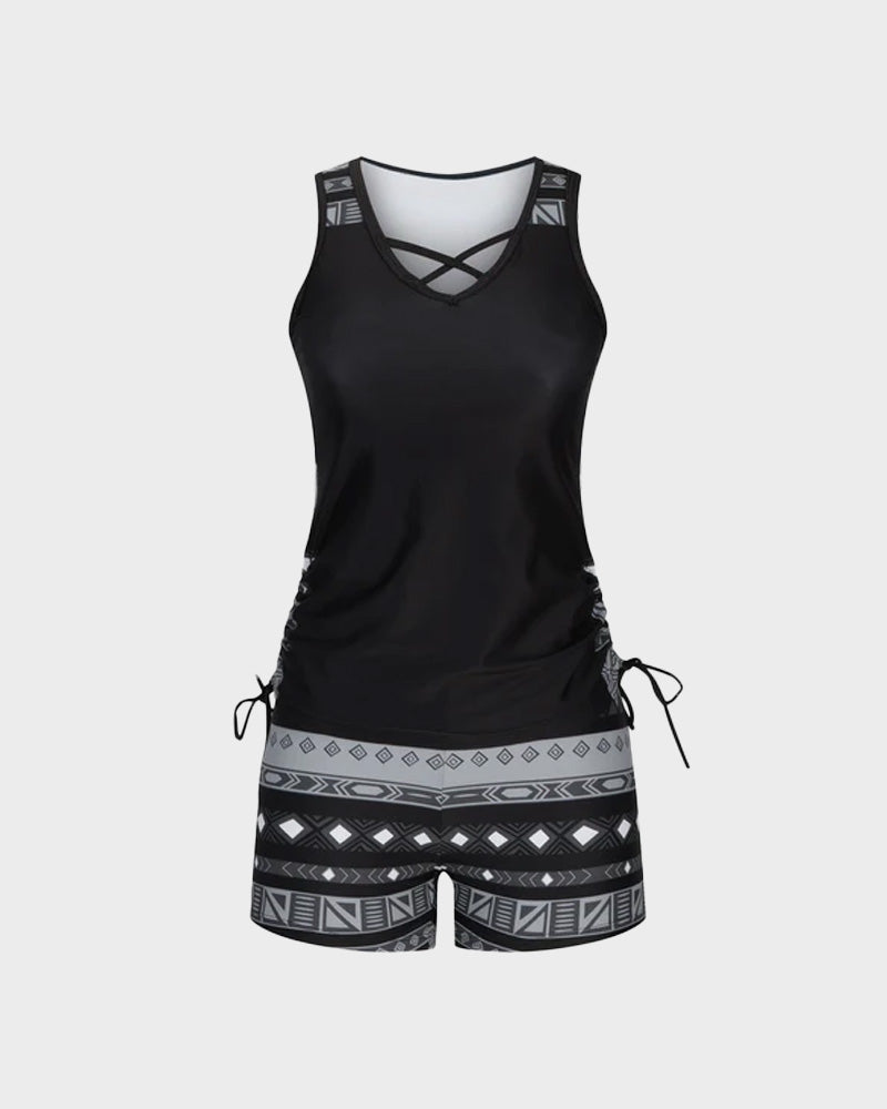 Boho Tummy Control Tankini with Built-In Bra & Swim Shorts