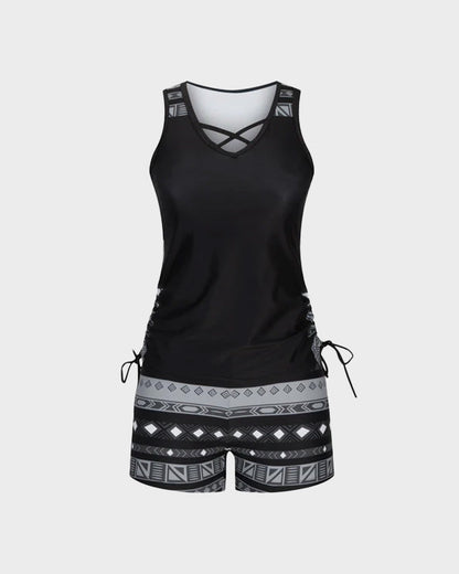 Boho Tummy Control Tankini with Built-In Bra & Swim Shorts
