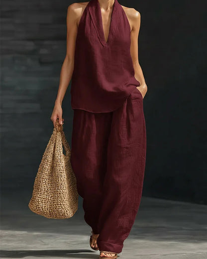 Boho Linen Two-Piece Set with Halter Top & Wide-Leg Pants