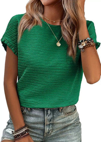 2025 Summer Outfit Womens Short Sleeve Tops Round Neck Ruffle Casual Summer Textured Work T Shirts Tee Blouse