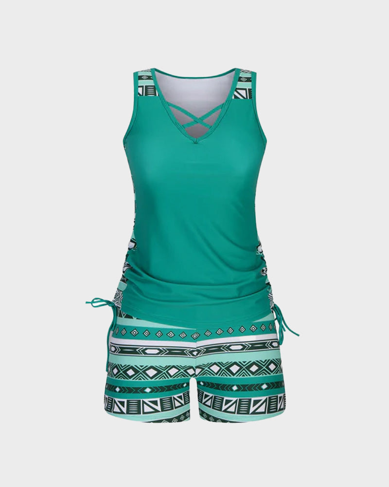 Boho Tummy Control Tankini with Built-In Bra & Swim Shorts