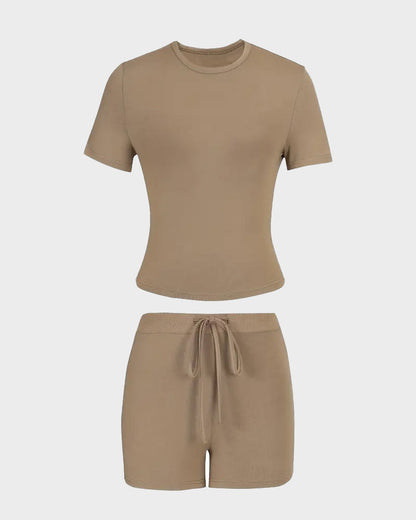 Solid Color Round Neck Casual Two-Piece Set