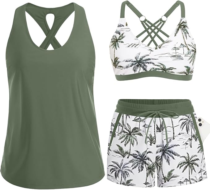 Women's 3-Piece Tankini Swimsuit Set with Shorts