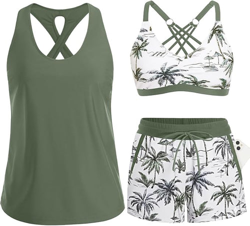 Women's 3-Piece Tankini Swimsuit Set with Shorts