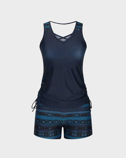 Boho Tummy Control Tankini with Built-In Bra & Swim Shorts