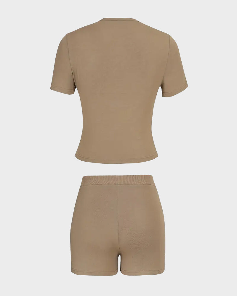 Solid Color Round Neck Casual Two-Piece Set