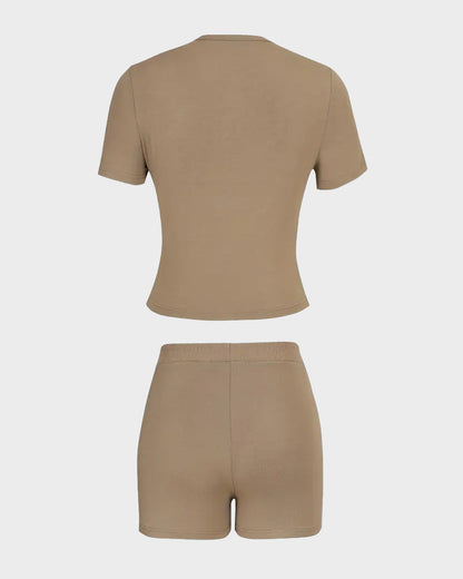 Solid Color Round Neck Casual Two-Piece Set
