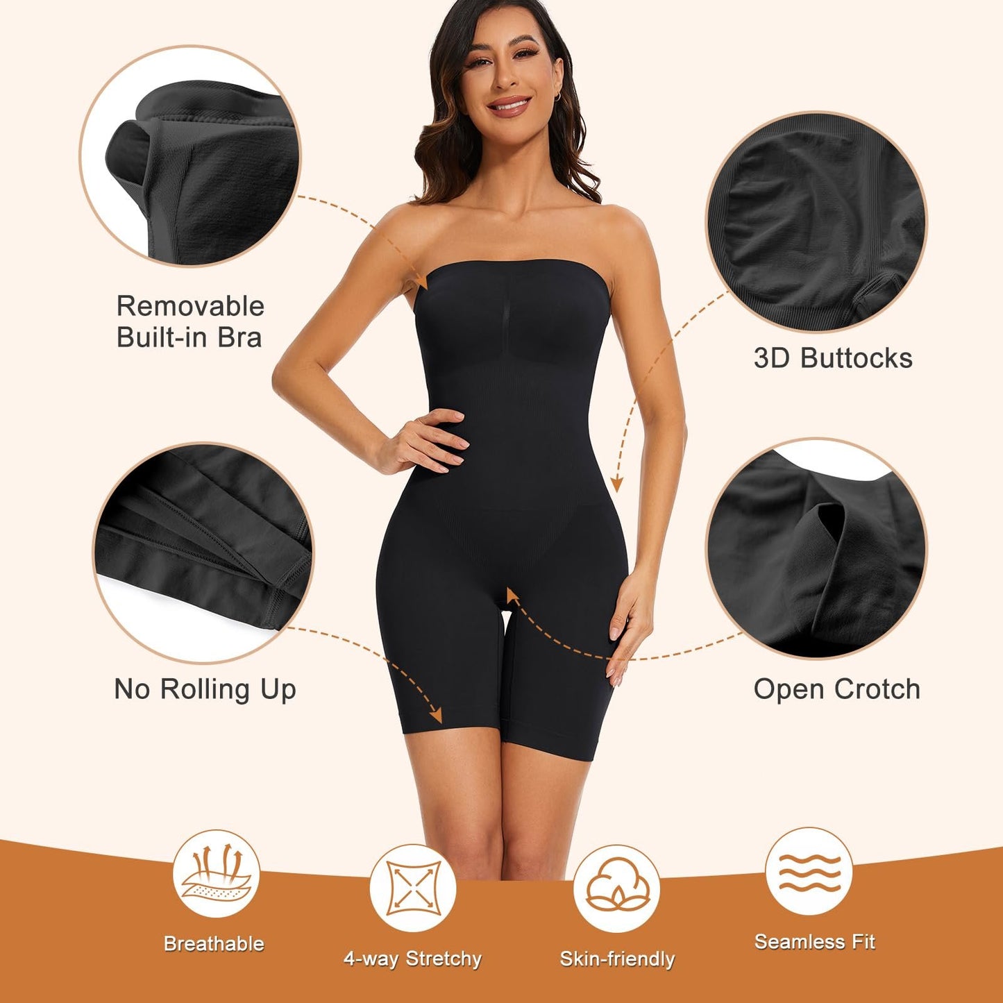 Strapless Seamless Tummy Control One-piece Body Shapewear
