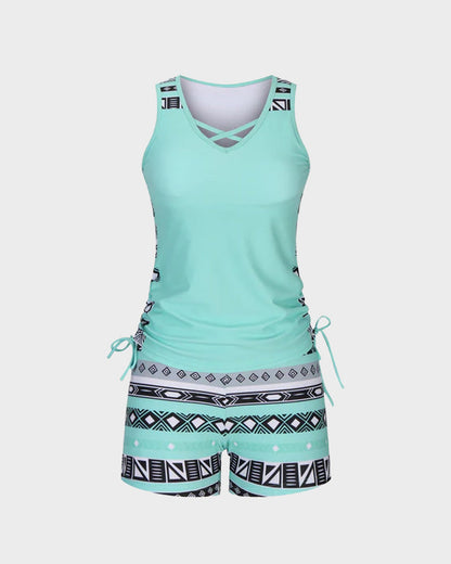 Boho Tummy Control Tankini with Built-In Bra & Swim Shorts