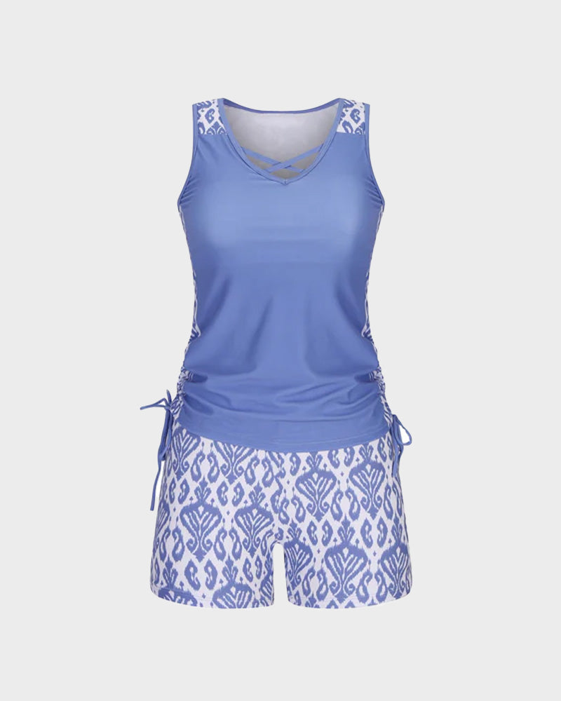 Boho Tummy Control Tankini with Built-In Bra & Swim Shorts