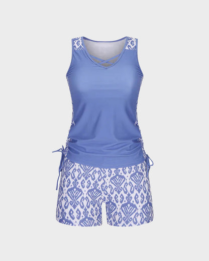 Boho Tummy Control Tankini with Built-In Bra & Swim Shorts