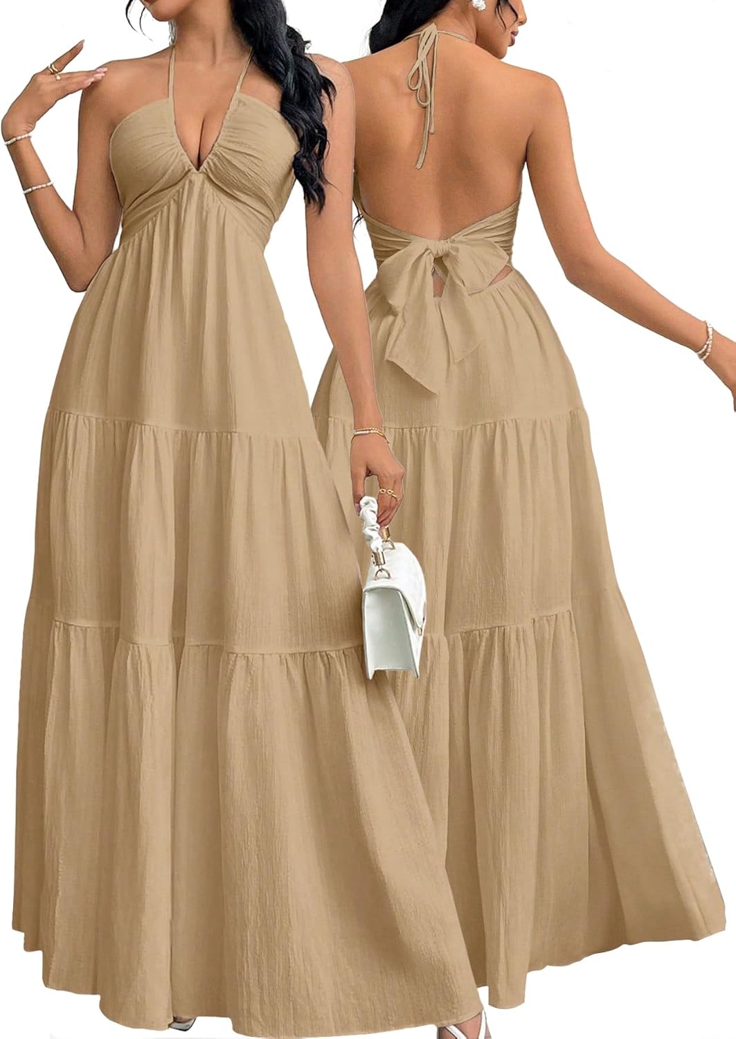 Narecte Women's Maxi Summer Dresses Halter V Neck Beach Dresses for Women A-Line Casual Dress for Vacation
