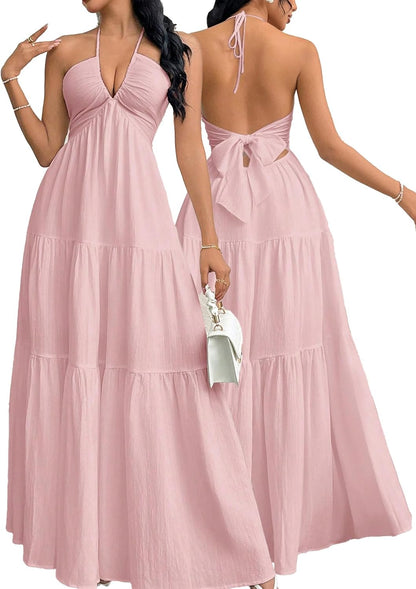 Narecte Women's Maxi Summer Dresses Halter V Neck Beach Dresses for Women A-Line Casual Dress for Vacation