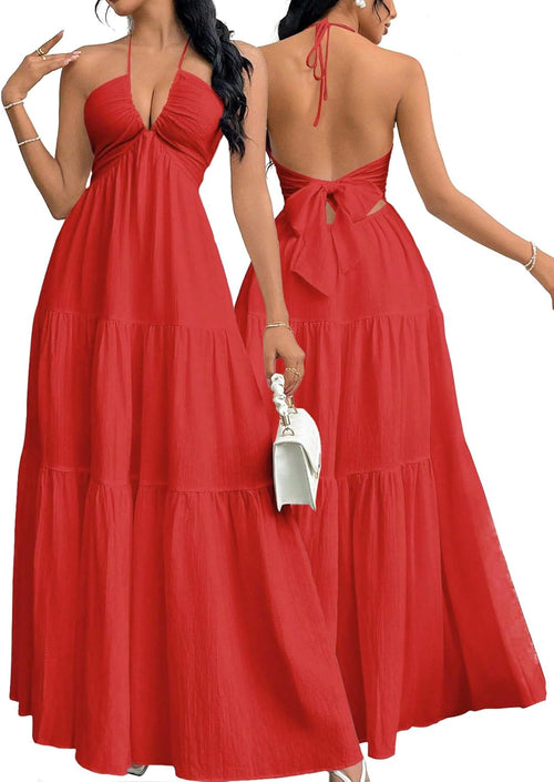 Narecte Women's Maxi Summer Dresses Halter V Neck Beach Dresses for Women A-Line Casual Dress for Vacation